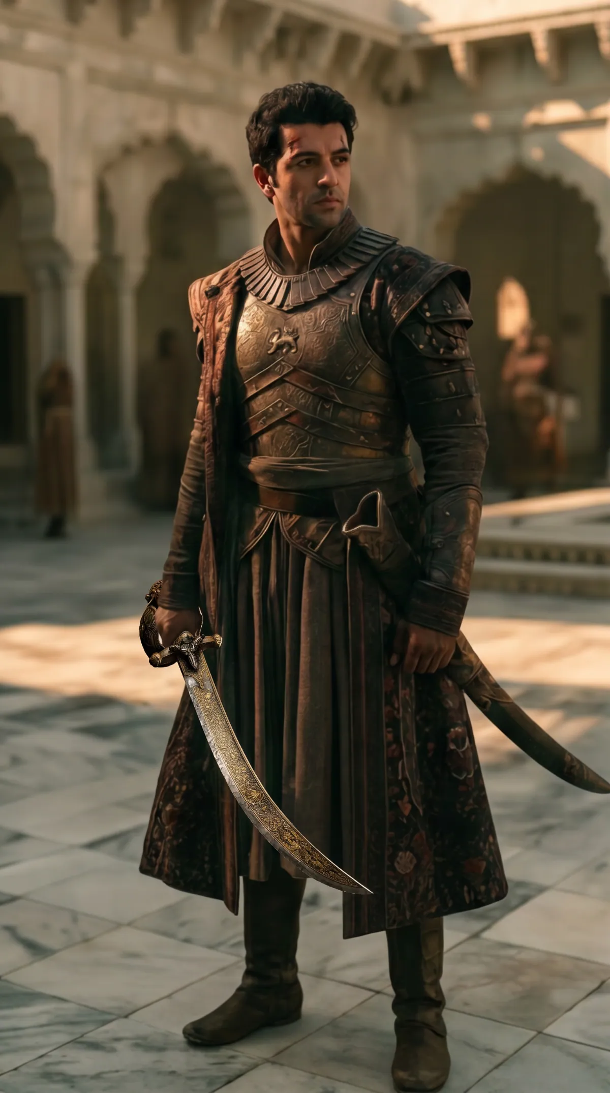Aryan, a VisionX Cast member, standing full-figure in ornate armor with a curved sword in a palace courtyard