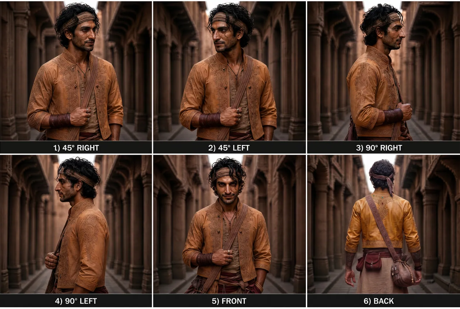 Batuk, a VisionX Cast member, in a six-panel turnaround sheet: 45 and 90 degree angles, front, and back, identity locked in every panel