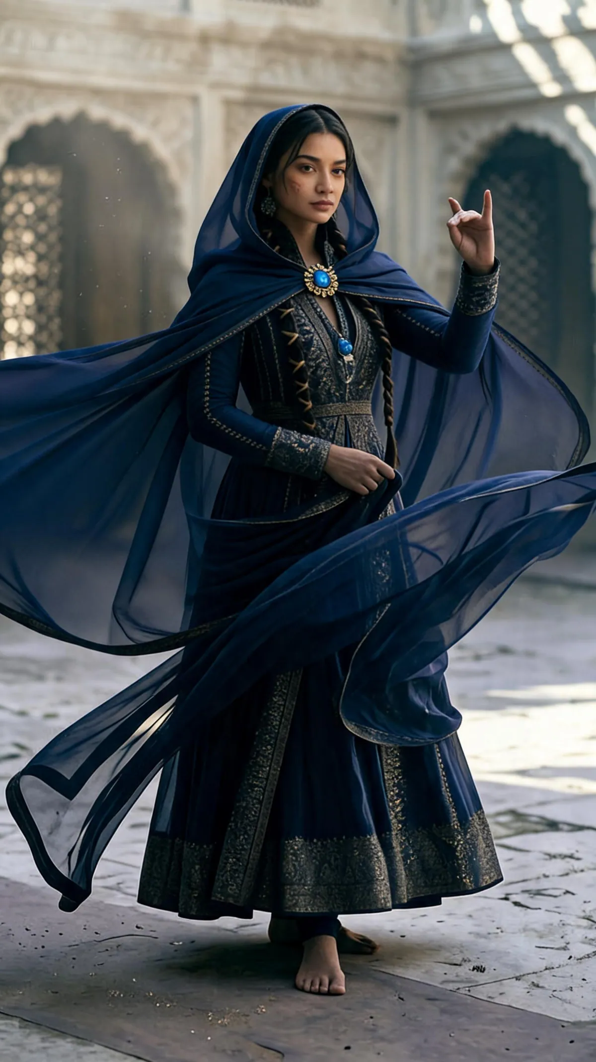 Kavya in a flowing indigo hooded cloak, mid-stride in a palace courtyard