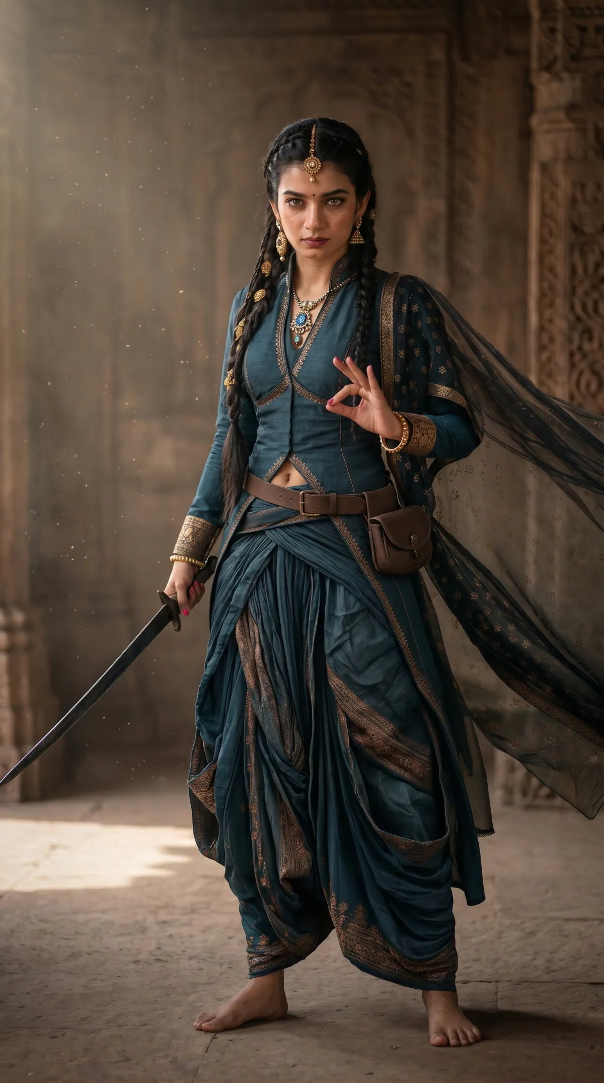Kavya standing full-figure as an armed warrior in a temple corridor