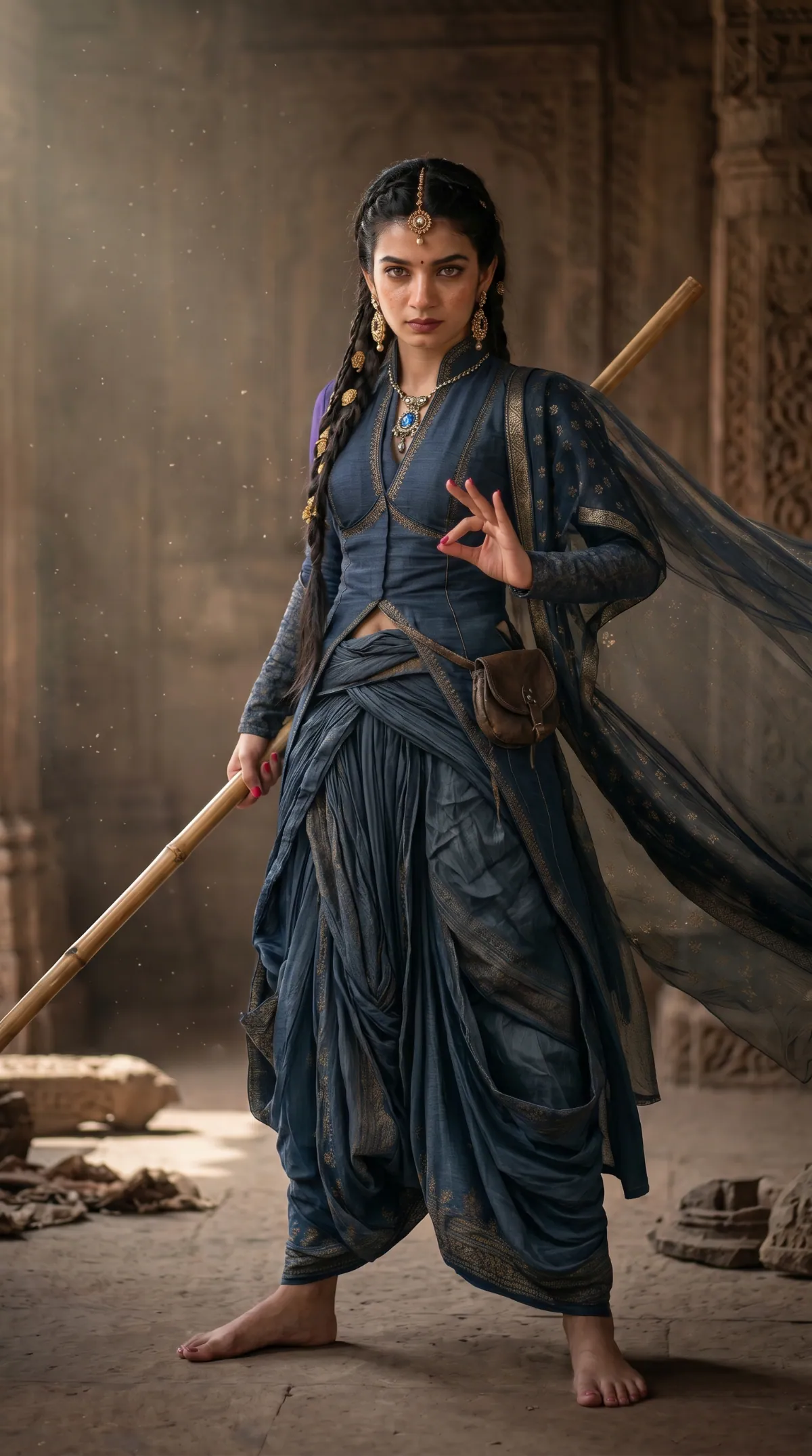 Kavya in a martial stance holding a bamboo staff in a palace corridor
